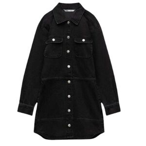 Zara Denim Mini Dress Black Long Sleeve Snap Front Rounded Hem Cotton Women’s XS